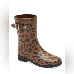 Hunter Thicket Black Original Leopard Print Refined Short Rain Boot Size 5